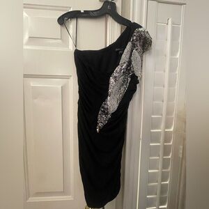 Black One Shoulder Bodycon Dress Silver Sequin Beaded Detail Size S